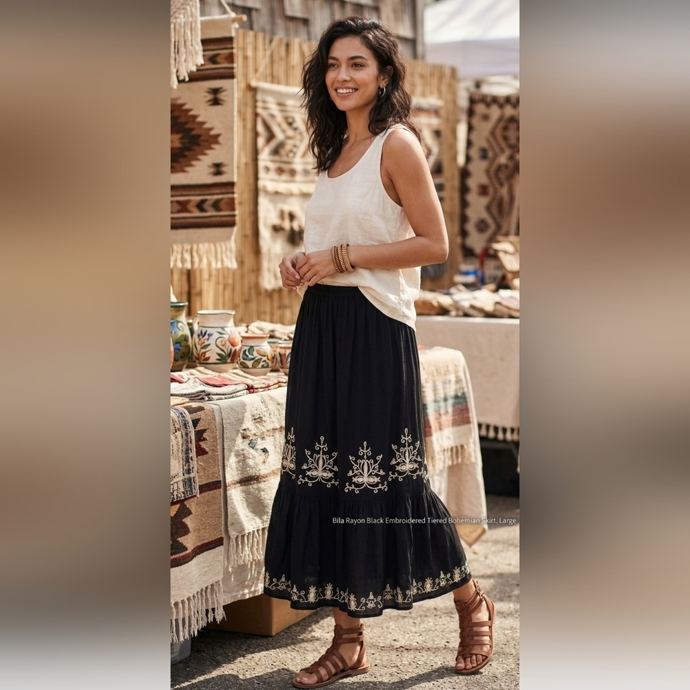 Bila Rayon Black Embroidered Tiered Bohemian Skirt Sequins Large